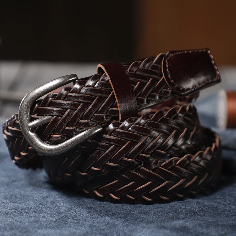 Hand-woven belt for men and women, summer decoration, large size versatile belt without holes, brown belt, extended trend.