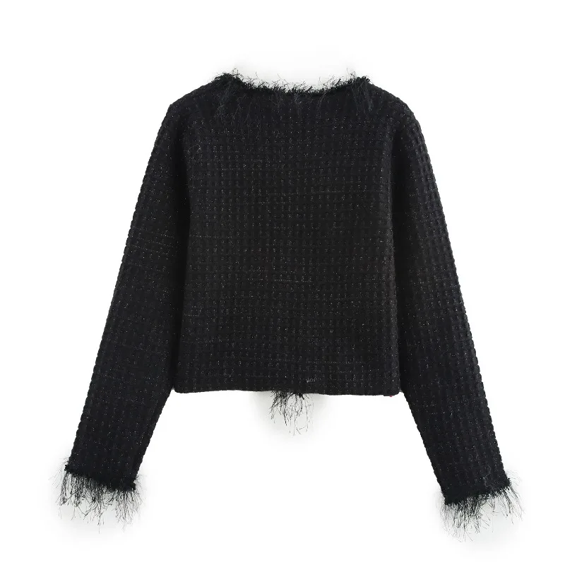 TRAF ZR Knit Cardigan Women's Autumn Sweater Tassel O-neck Black Cropped Cardigan Y2k Vintage Top Long Sleeve Cardigans