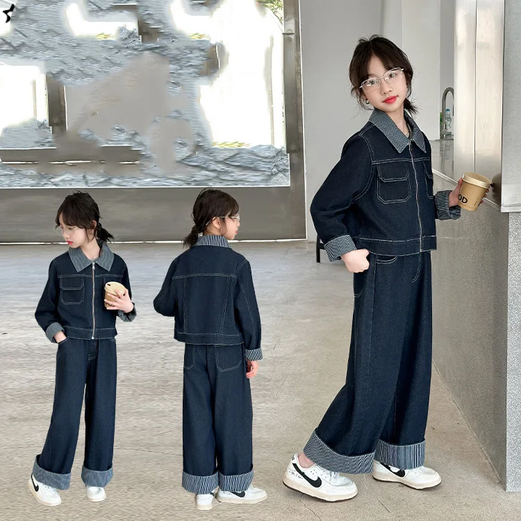 

Autumn Children Girls Two-piece Sets Zipper Turn Down Collar Coat+Straight-leg Pant Kids Girls Denim Suit 4-14Y Girls Outfit