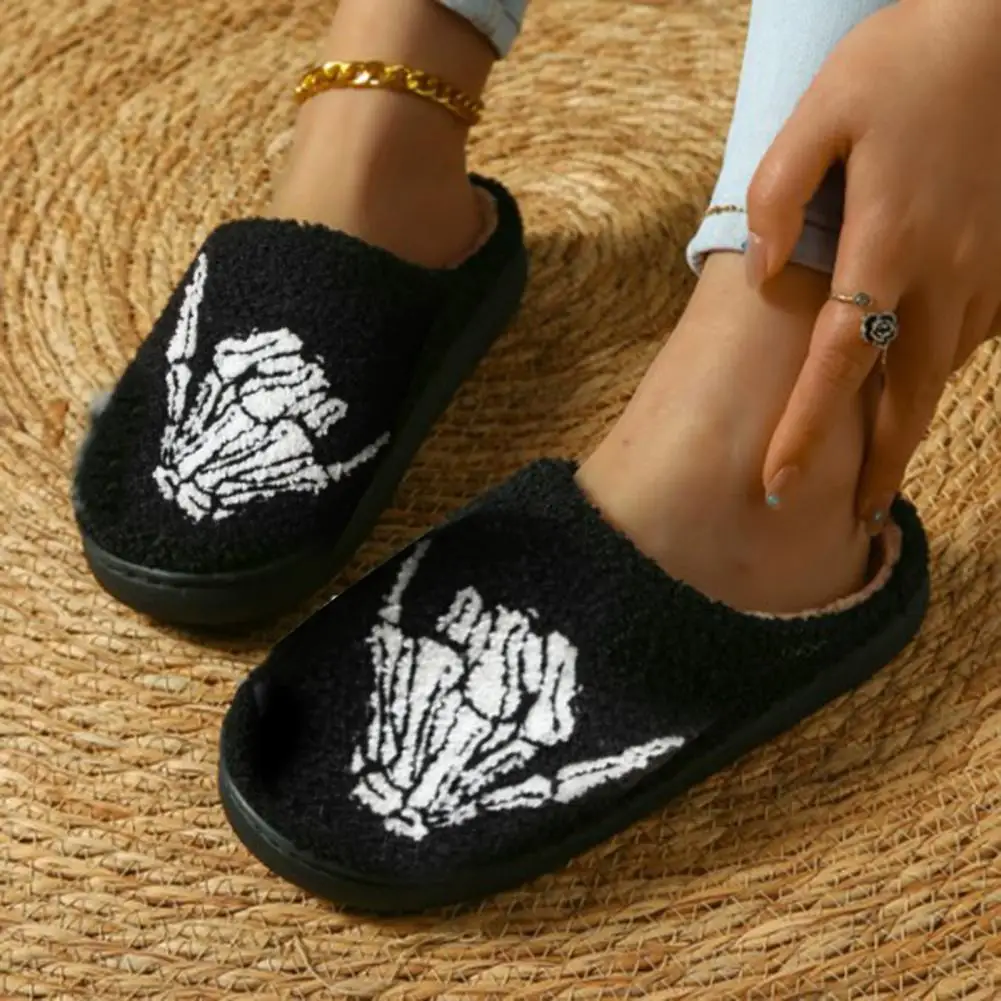 Halloween Fluffy Slippers Autumn Winter Skeleton Hand Pattern Plush Slip-ons Fuzzy Flat Slides for Women Men Indoor Bedroom