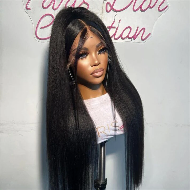 

Kinky Straight Soft Glueless 26inch Long Black Yaki Lace Frontal Wig For Black Women Babyhair Preplucked Daily Cosplay