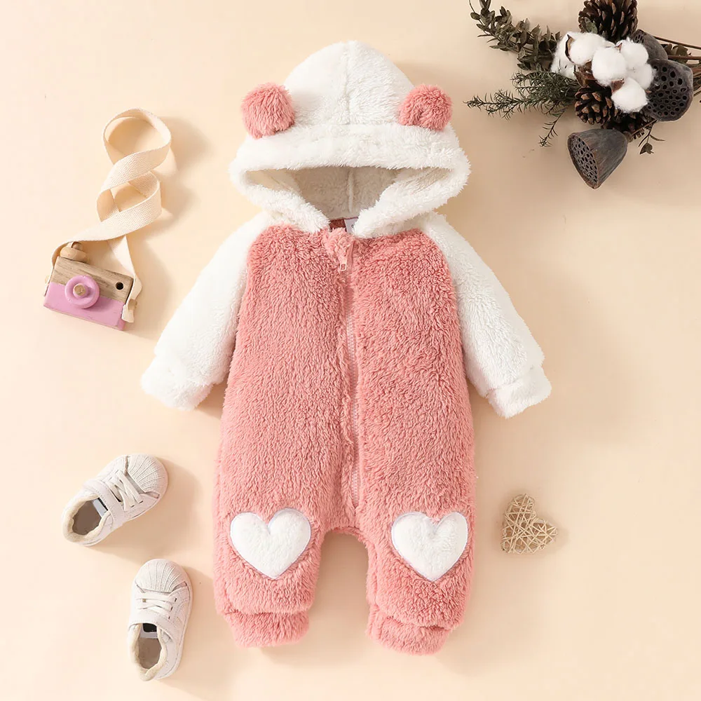 Girls Baby Cute Winter Infant Zipper Jumpsuits Hooded Heart Coral Fleece Bear Shape Newborn Cartoon Soft Romper