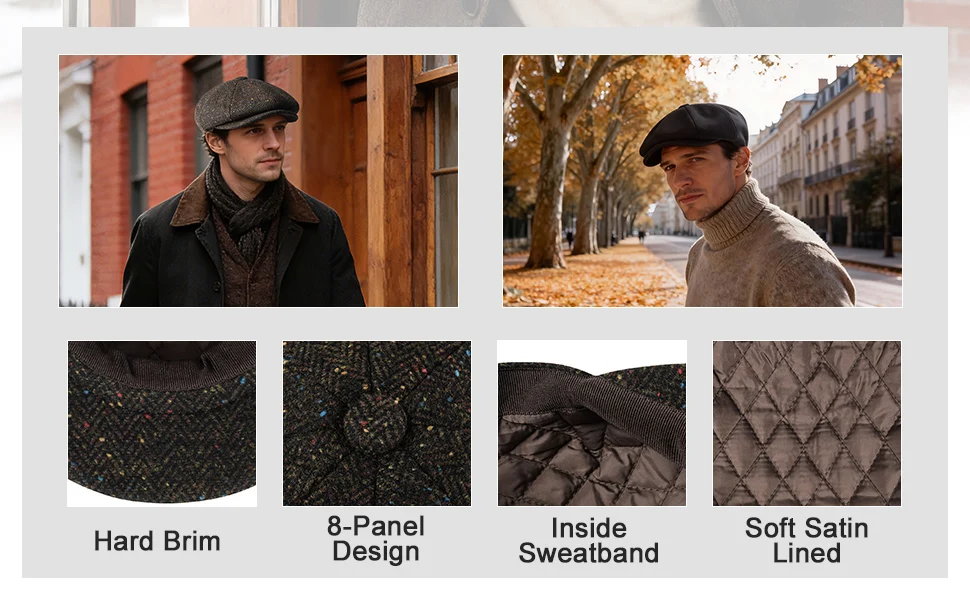 FEINION Herren Wollmischung Newsboy Cap 8-Panel Ivy Tweed Cabbie Flat Hat mit Druckknopfverschluss vorne, Irish Cabbie Cap – Detail 2