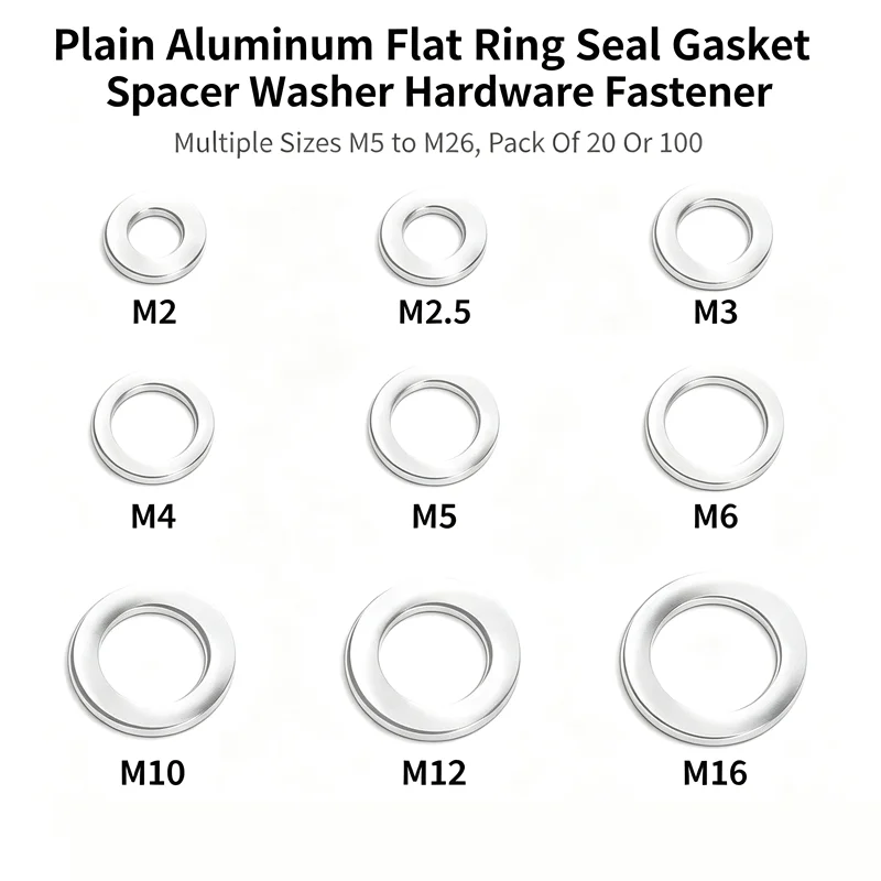 Plain Aluminum Flat Ring Seal Gasket Spacer Washer Hardware Fastener, Multiple Sizes M5 to M26, Pack Of 20 Or 100
