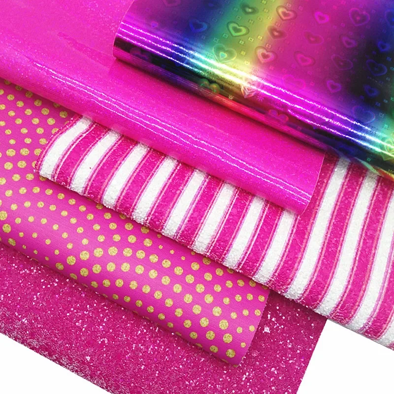 Stripes Dots Custom Glitter Leather Sheet Rose Glitter Leather Rainbow Hearts Patent Faux Leather Fabric For DIY 21x29CM Y440