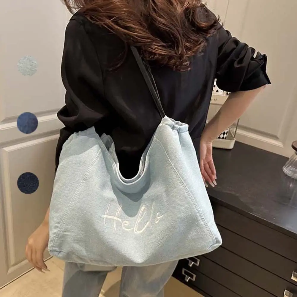 

Portable Denim Blue Tote Bag Korean Style Vintage Commuting Shoulder Pouch Polyester Letter Embroidery