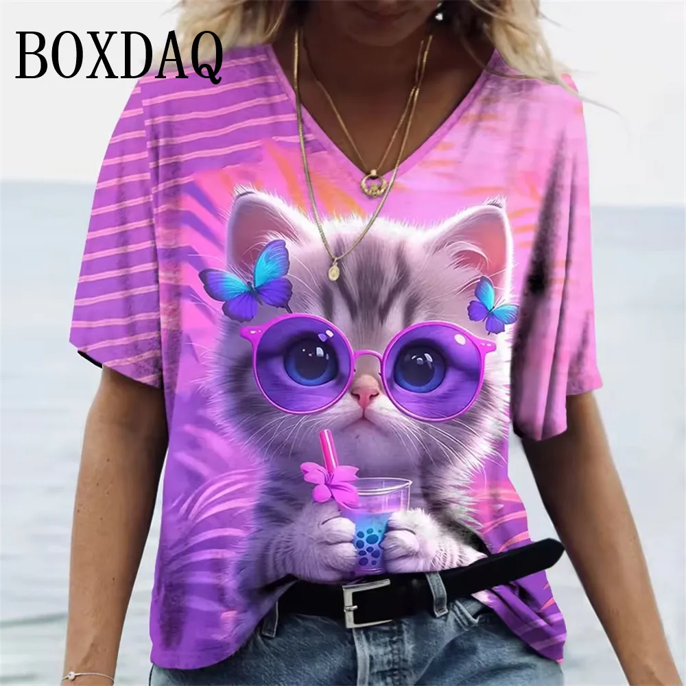 

2025 New Cute Funny Cat Women V-Neck T-Shirt Summer Fashion Short Sleeve Tops Casual Printed Loose Plus Size Women Tee Shirt 8XL