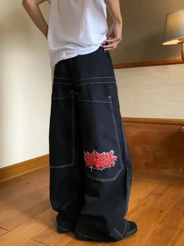 Calças Cargo Vintage dos Anos 2000 para Homens e Mulheres, Jeans Baggy Bordados Y2K, Streetwear Harajuku, Calças de Cintura Alta e Largas