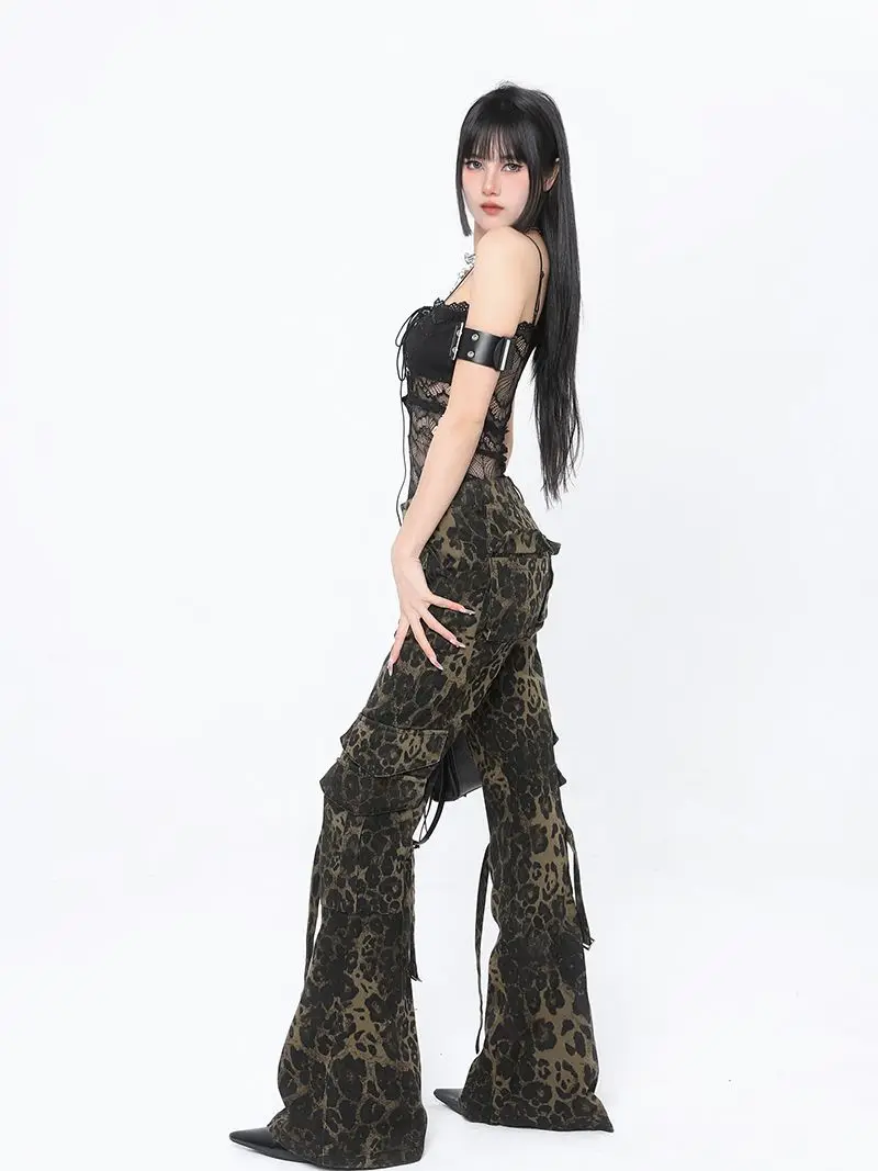 Vaqueros rectos con estampado de leopardo americano para mujer, pantalones elegantes de cintura alta con bolsillos, Otoño, 2024