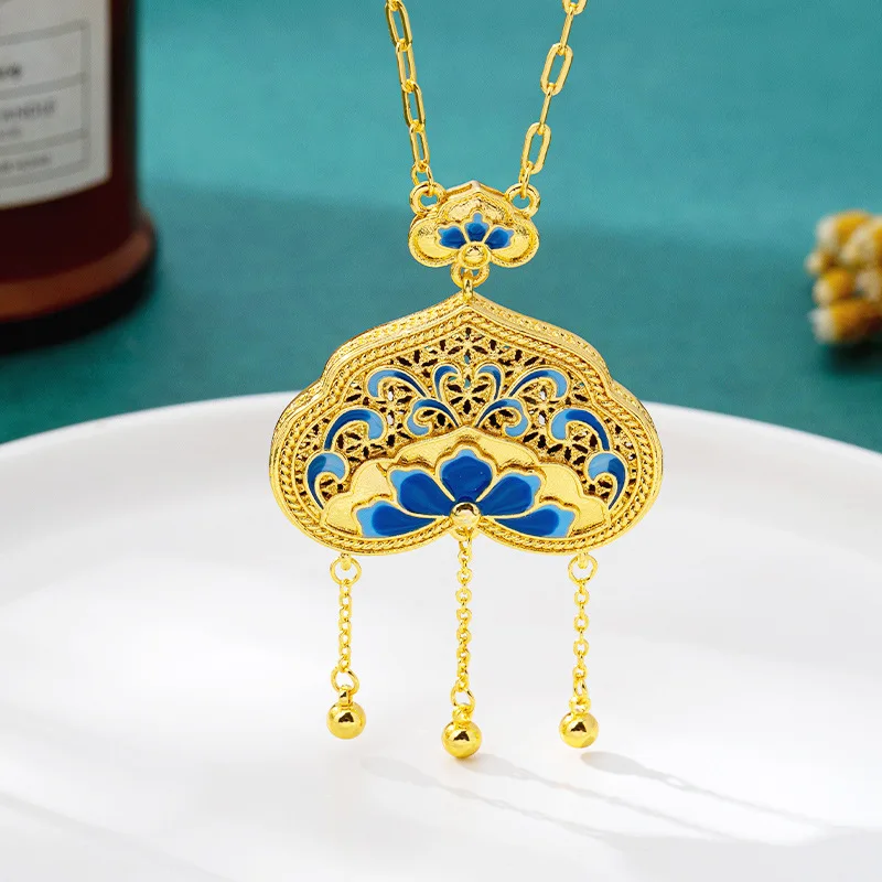 New Trending Chinese Style Hollow Enamel Blue & White Tassel Ruyi Lock Necklace Gold Clavicle Chain Non-Fading Jewelry For Women