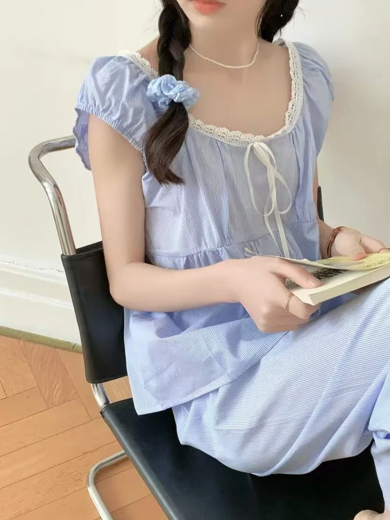 

Striped Sleepwear Women Pajama Sets Korean Fashion Piiama Short Sleeve Pants Sets 2 Pieces Night Wears Lace Cute Home Suit 2025