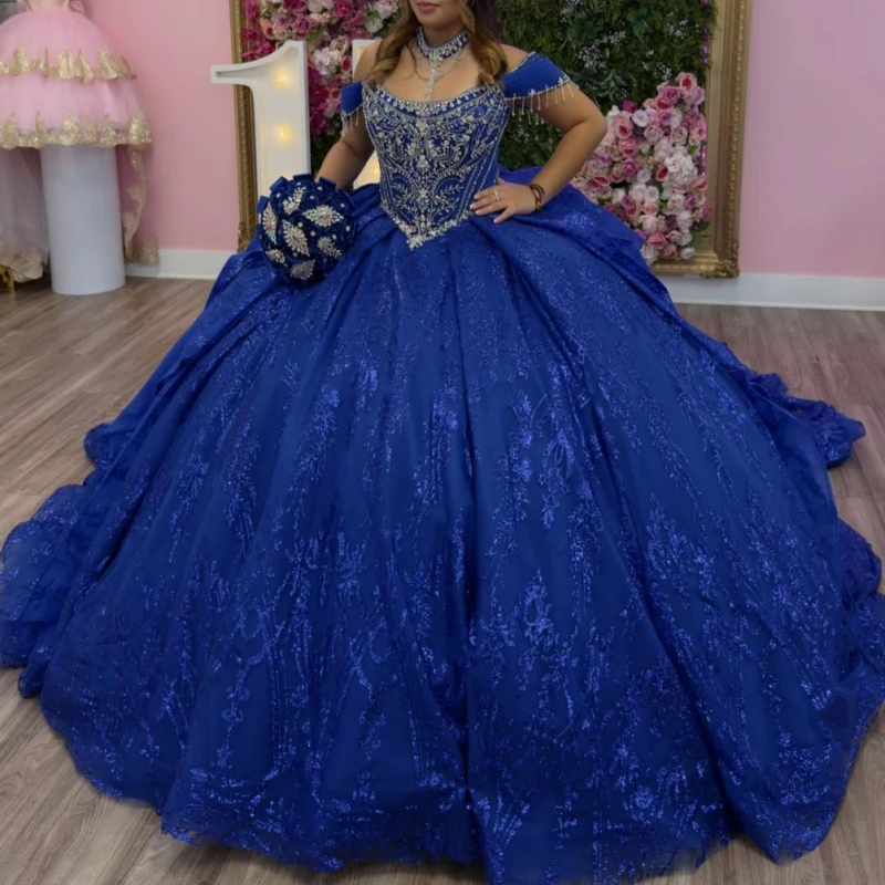 Blue Glitter Quinceanera Dresses Off Shoulder Ball Gown Sweet 16 Dress Sequin Applique Lace Beads Bow Tull Party Birthday Vestid