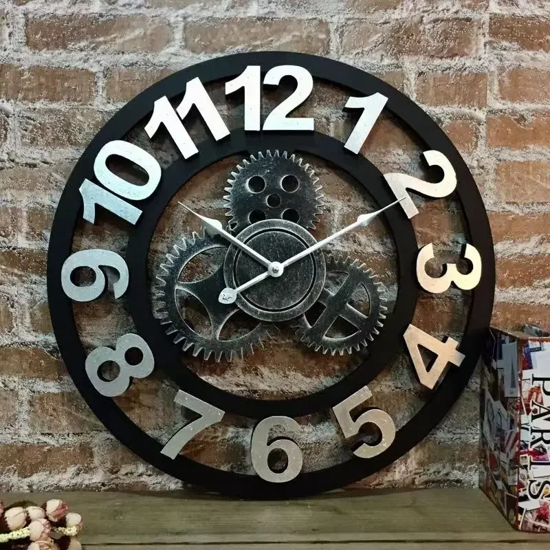 3d retro estilo industrial relógio de parede madeira europeia casa relógio de parede decoração para sala estar escritório barra arte decoração da parede horologe