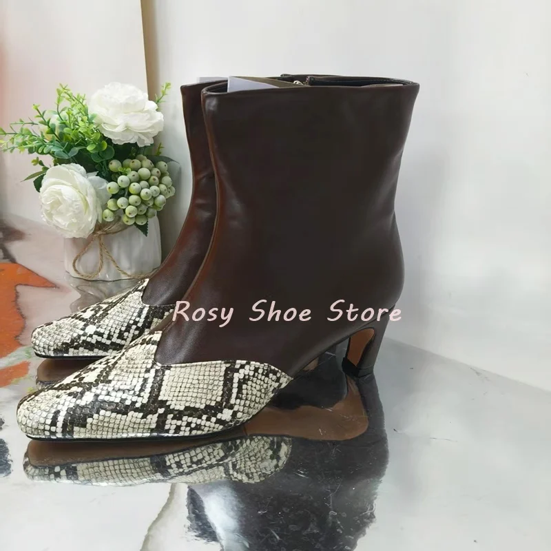 

New Snake Pattern Square Toe Design Splicing Leather Women's Boots Fashion Color Blocked Side Zipper Kitten Heel Ankle Boots