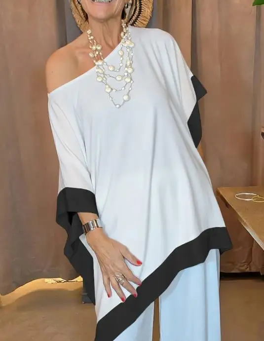 

Loose Women's Top for Spring and Summer Fashionable and Casual Color Blocking Slanted Collar Off Shoulder Batfly Sleeve T-Shirt