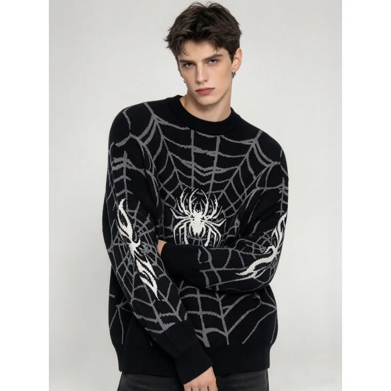 Streetwear Unisex Spider Jacquard Sweater Full Web Print Oversized Long Sleeve Knit Pullover Jumper