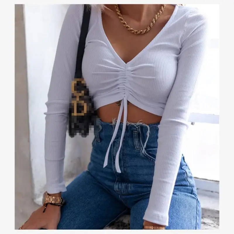 

Sexy Slim Fit Long Sve ort T-irt Women's Crop Top Tee Street Sle V-Ne Cotton Spring Summer Faion Casual Wear