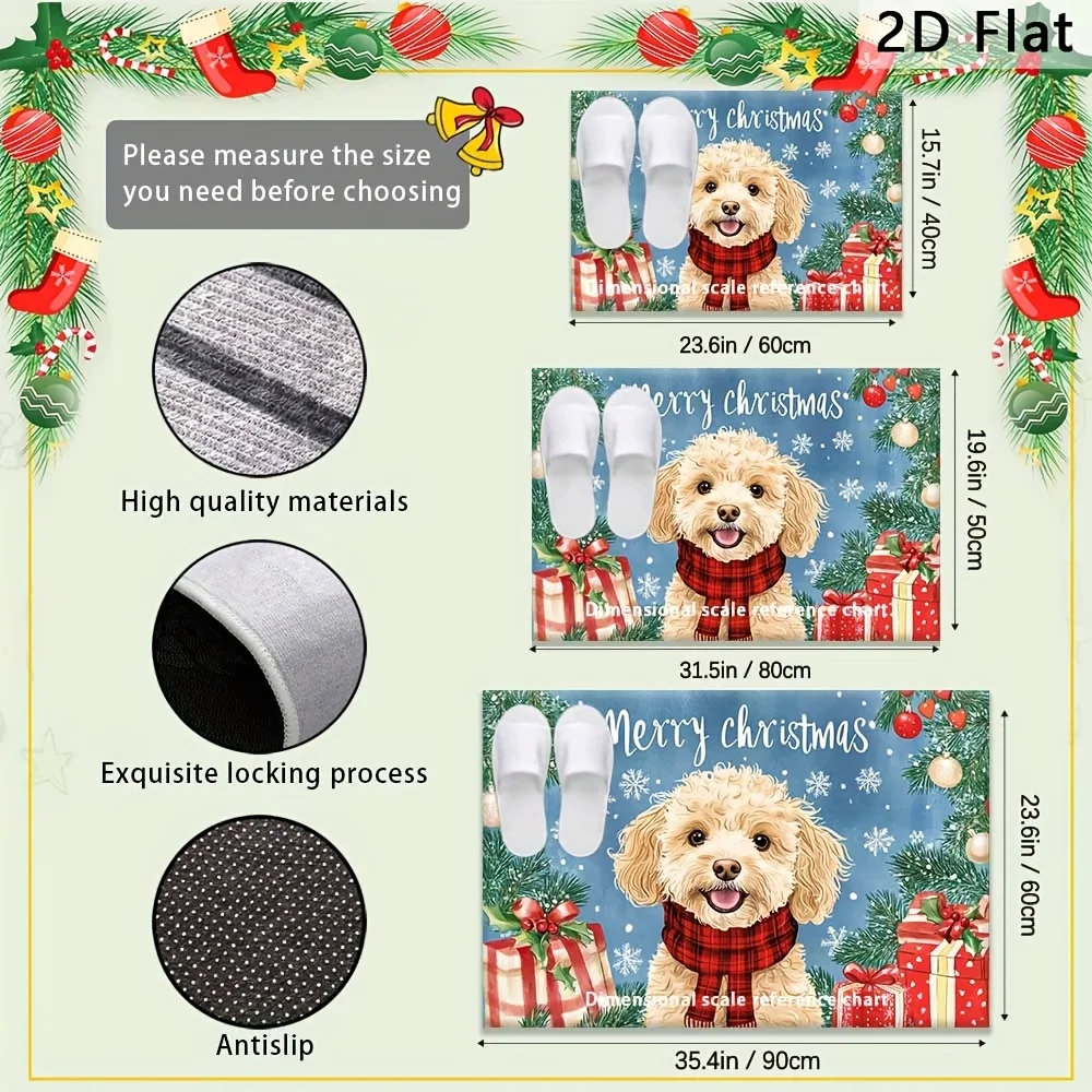 1pc, Merry Christmas! Adorable Dog Welcome Doormat Featuring Christmas Gift Box Design  Christmas Atmosphere Theme Decorative
