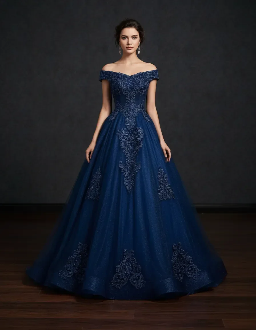 Navy Blue Off Shoulder Lace Beaded Tulle Ball Gown Lace Up Back Quinceanera Wedding Evening Prom Formal Dress