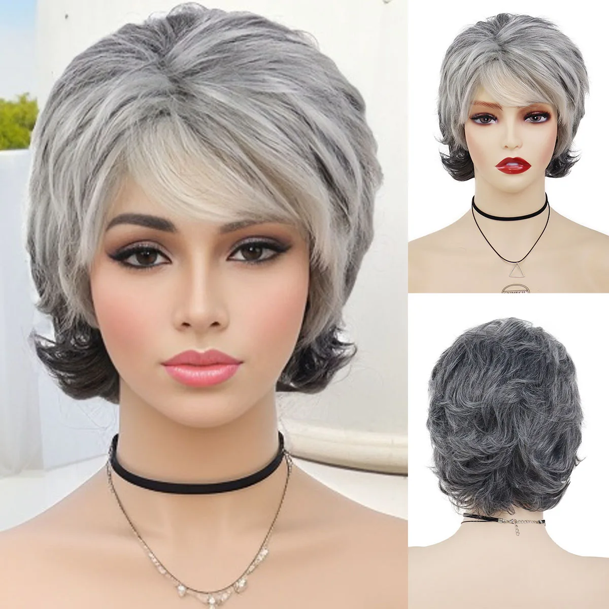 

Парики с натуральной волной для женщин Old Lady Ombre Серый Короткий вьющийся парик пикси с челкой Повседневный косплей Бабушка Подарочный парик Термостойкий