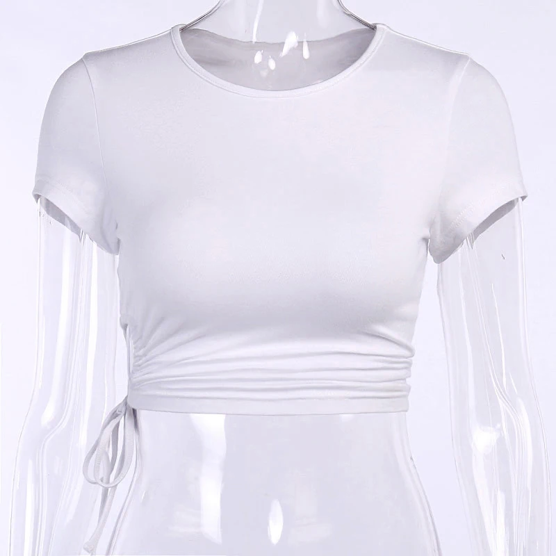 Top con cordón, camiseta ajustada a la moda para mujer, camiseta blanca con ombligo expuesto, top de verano para mujer de manga corta de color sólido