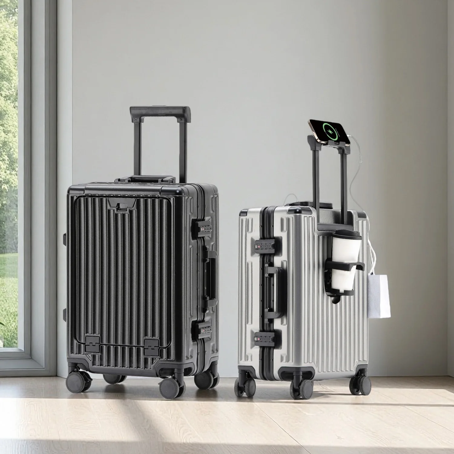 

Front-opening business suitcase multifunctional Luggage USB charging port cup holder TSA customs lock brake wheels 18"20"24"26"