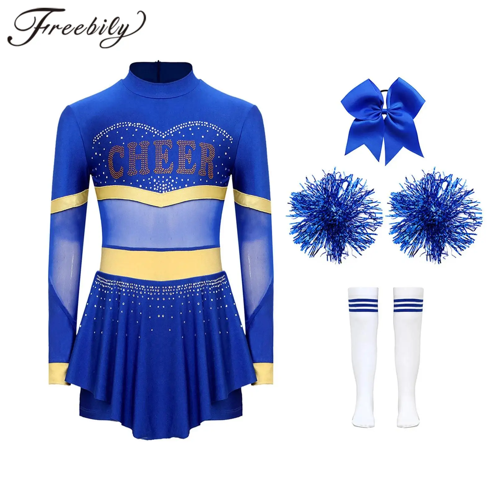 Girls Cheerleader Costume Kid Cheerleading Uniform Children Long Sleeve Cheer Dance Dress Hand Flower Socks Stage Dancewear Sets