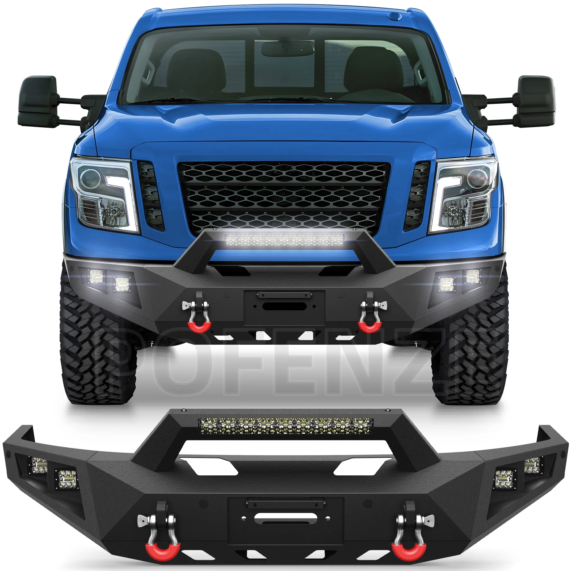 

Titan XD Front Bumper Full Width Offroad Bumper Winch Plate, 144W Light Bar, 4x18w Lights, D-rings for 2016-2025 Titan XD Only