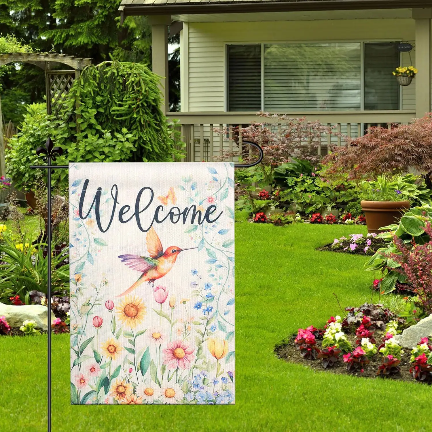 Spring Garden Flag, 12x18 Inch Double Sided Welcome Spring Flags Sign Hummingbird Colorful Flowers Seasonal Summer Flag for  SSL