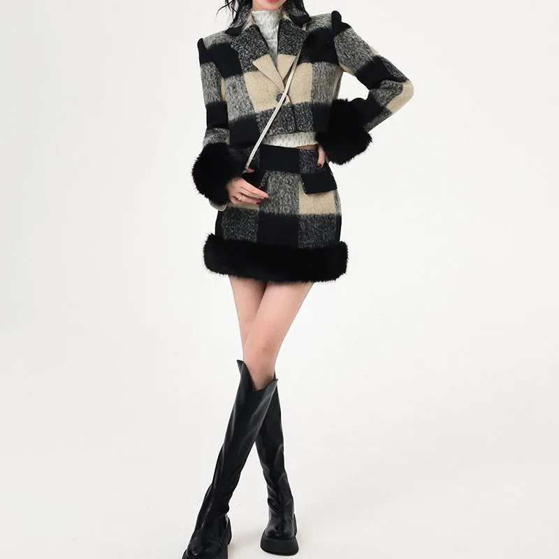 Winter Y2K Short Plaid Coat Mini Skirt Two Piece Set Harajuku Women Long Sleeve Tweed Jacket A-line Skirts Suit Korean Clothing