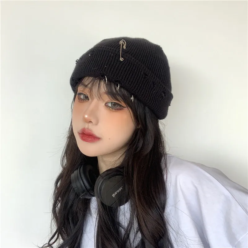 Winter Harajuku Y2k Beanies Knitted Hat Women Fashion Warm Thick Men Hip Hop Pin Hole Skullcap Short Hat Unisex Basic Cap