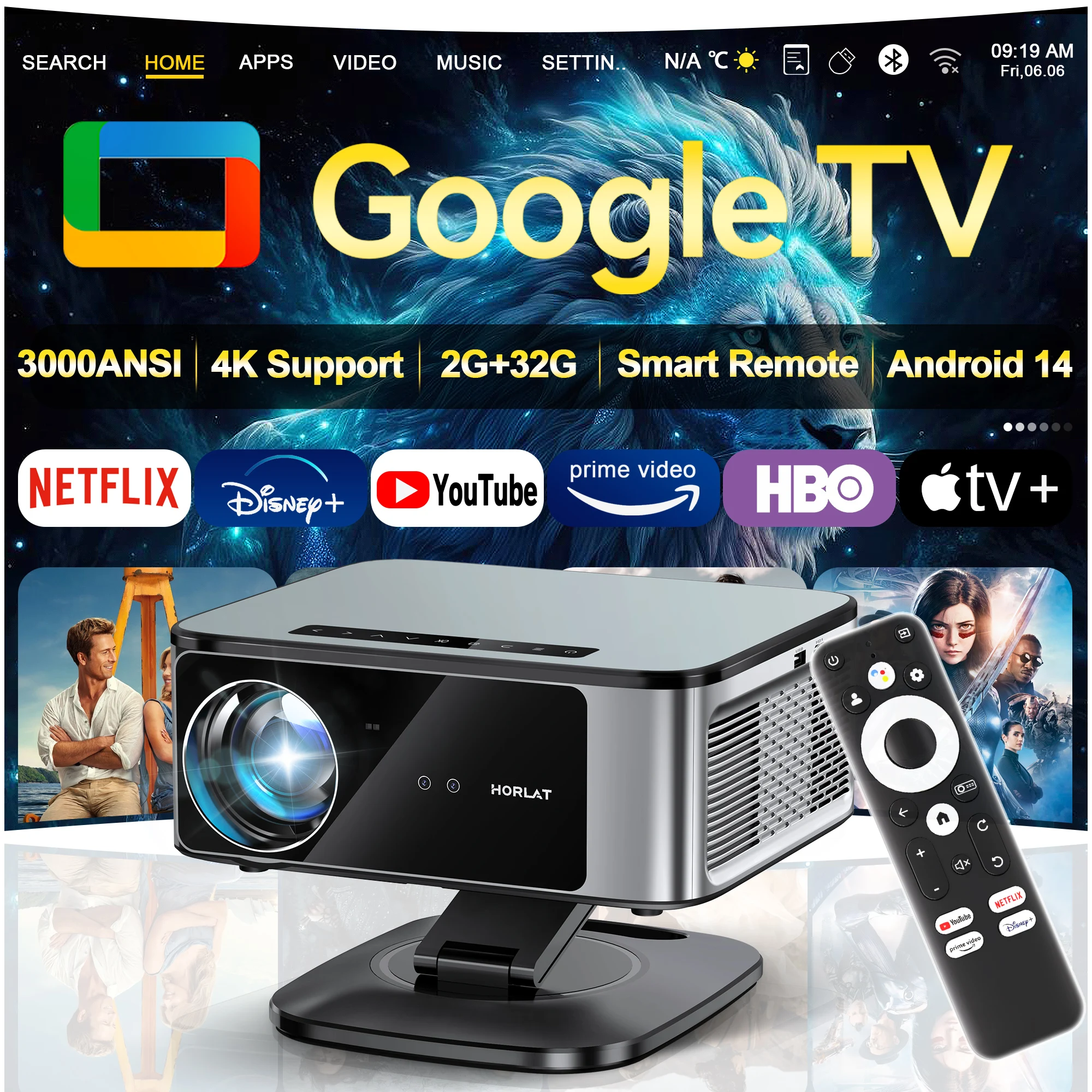 2026 HORLAT Google TV Projektor 3000 ANSI Lumen Full HD 1080P Autofokus WiFi 6 3D 4K Unterstützung Smart Home Theater Dolby Projektor