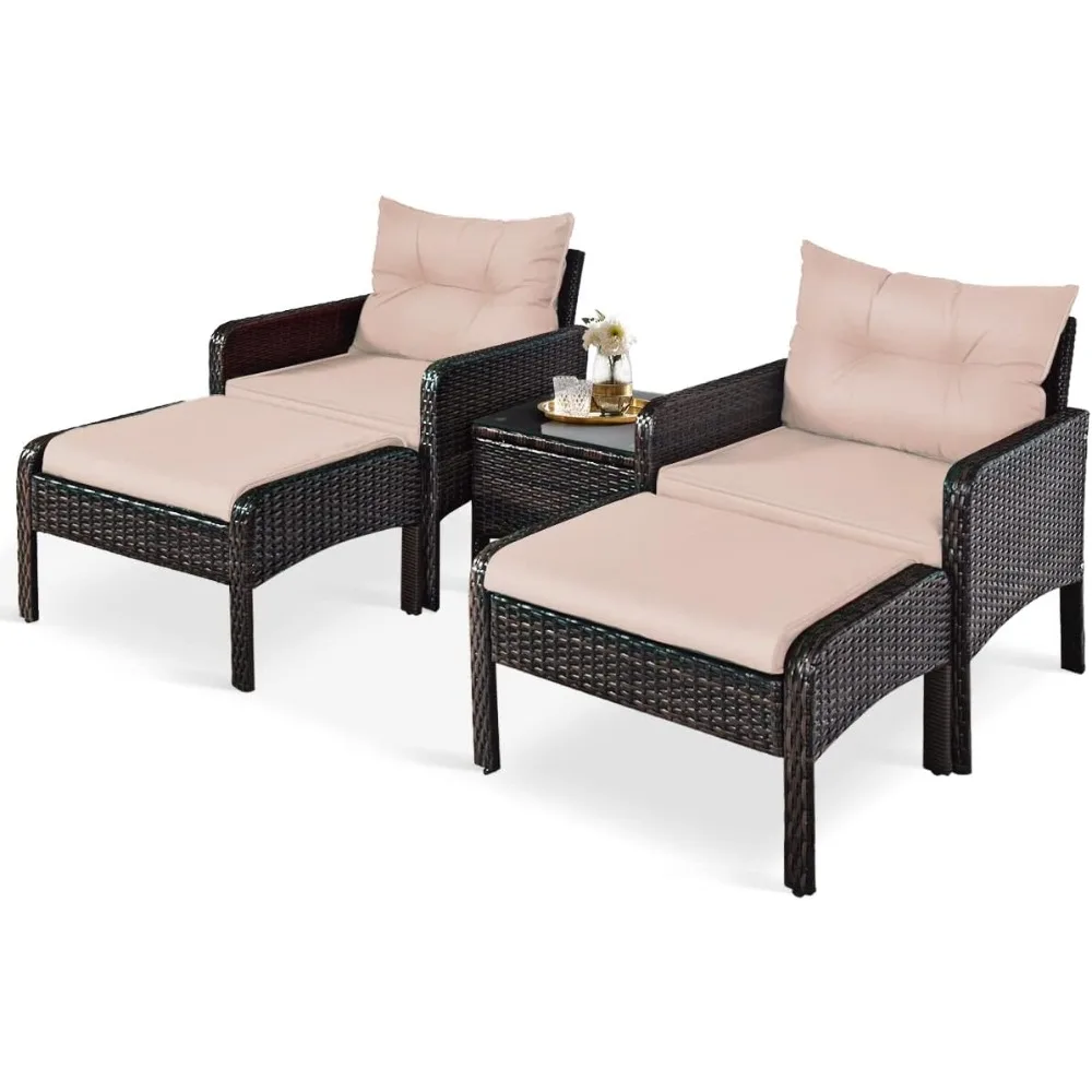 

5-Piece Patio Furniture Set Outdoor Rattan Wicker Conversation Set with Coffee Table Cushioned Sofas and Ottoman Chat Set for G