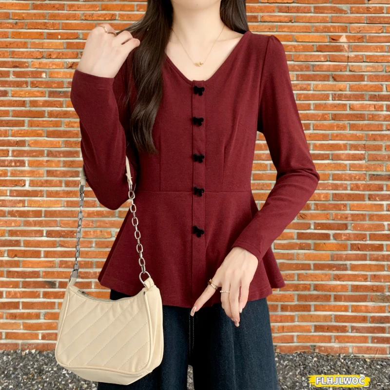 

New Year Christmas Red Peplum Belly Tops Tees New Woman Autumn Winter Basics Long Sleeve Cute Girls Bow Button Pink T-Shirts