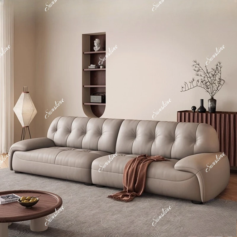 Italian retro leather sofa living room simple modern small apartment straight row, three people wide sitting deep