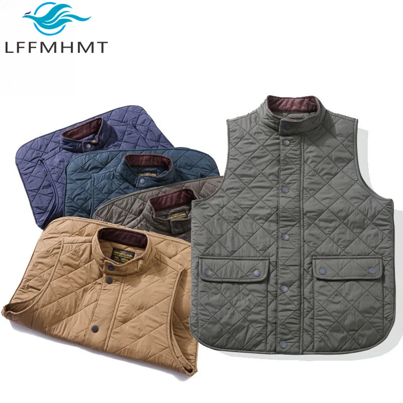 Men's Corduroy Diamond Quilted Vest Stand Collar Padded Sleeveless Jacket Warm Outdoor Fall Winter Waistcoats