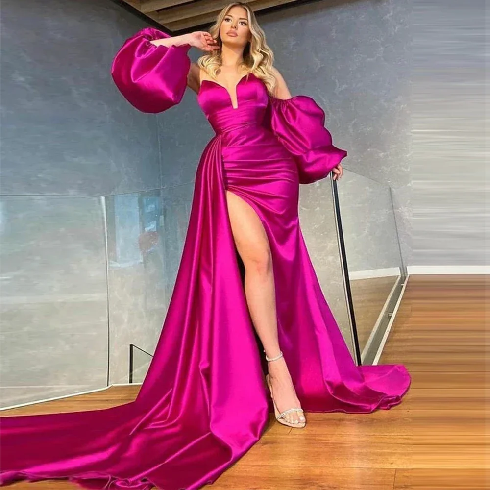 Lindo vestido de mangas fofas do ombro, Vestidos de fenda alta sólidos, Sexy bela festa à noite Robe elegante, 2023