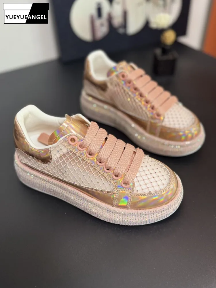 Summer Women Breathable Mesh Casual Shoes Spliced Shiny Diamonds Thick Platform Pumps Fashion Height Increasing Low Cut Footwear
