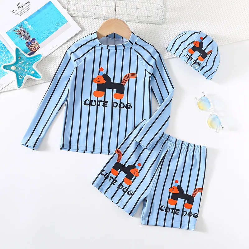 Boys Three-piece Swimsuit Kids Fashion Cartoon Striped Long Sleeve Sun-protective Surfing Suit Swimwear Baby Bathing Costume