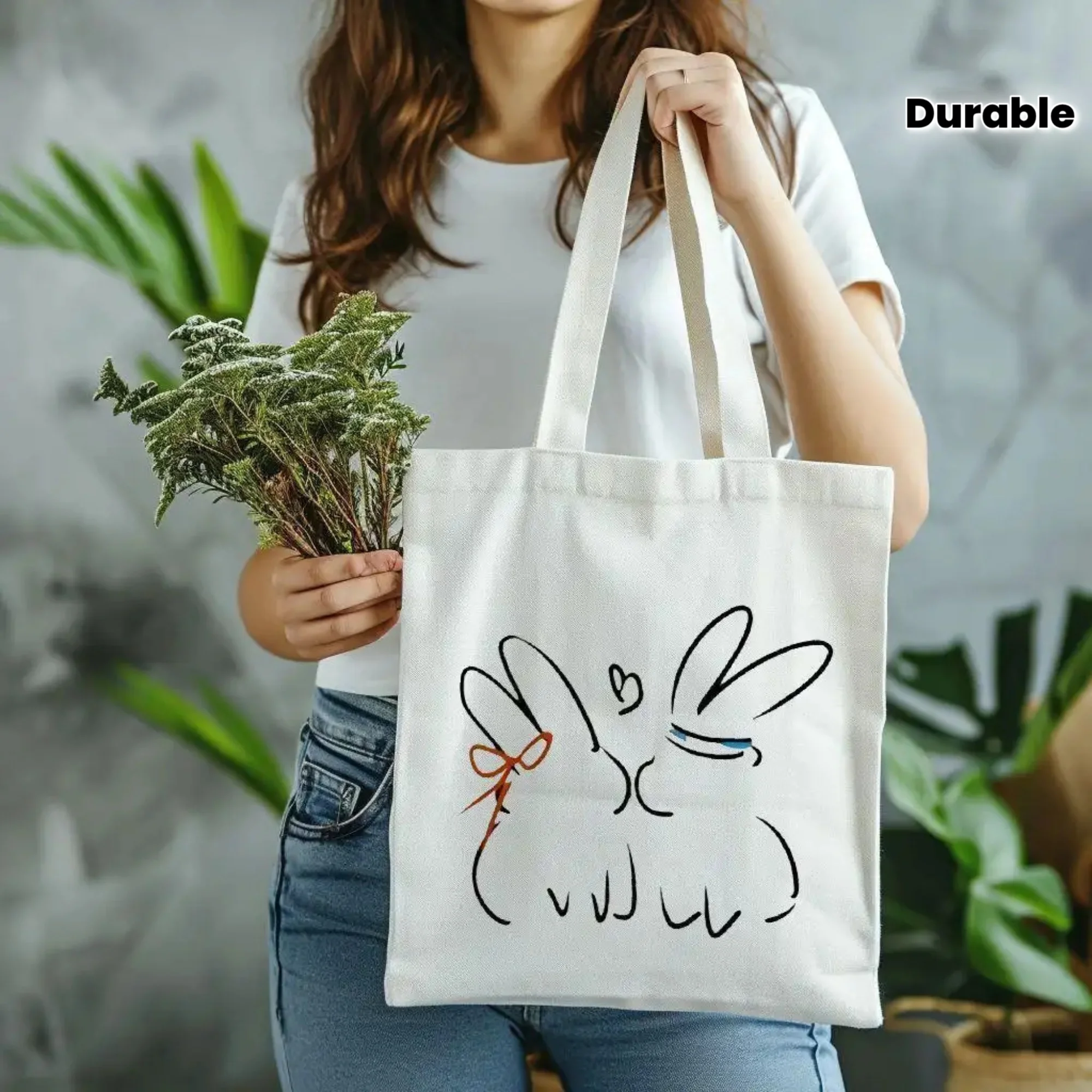 

Adorable Bunny Print Canvas Tote Bag- Charming Kissing Rabbit Design, Durable Polyester Shoulder Shopping Bag for Daily Commute&