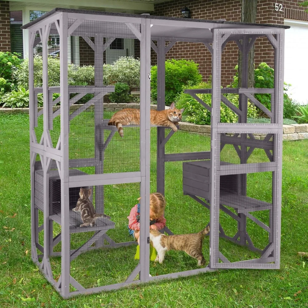 

Catio Outdoor Cat Enclosure Extra Large Wooden Cat Cage Condo Playpen for Multiple Cats Waterproof Cover for Indoor Outdoor, Hi