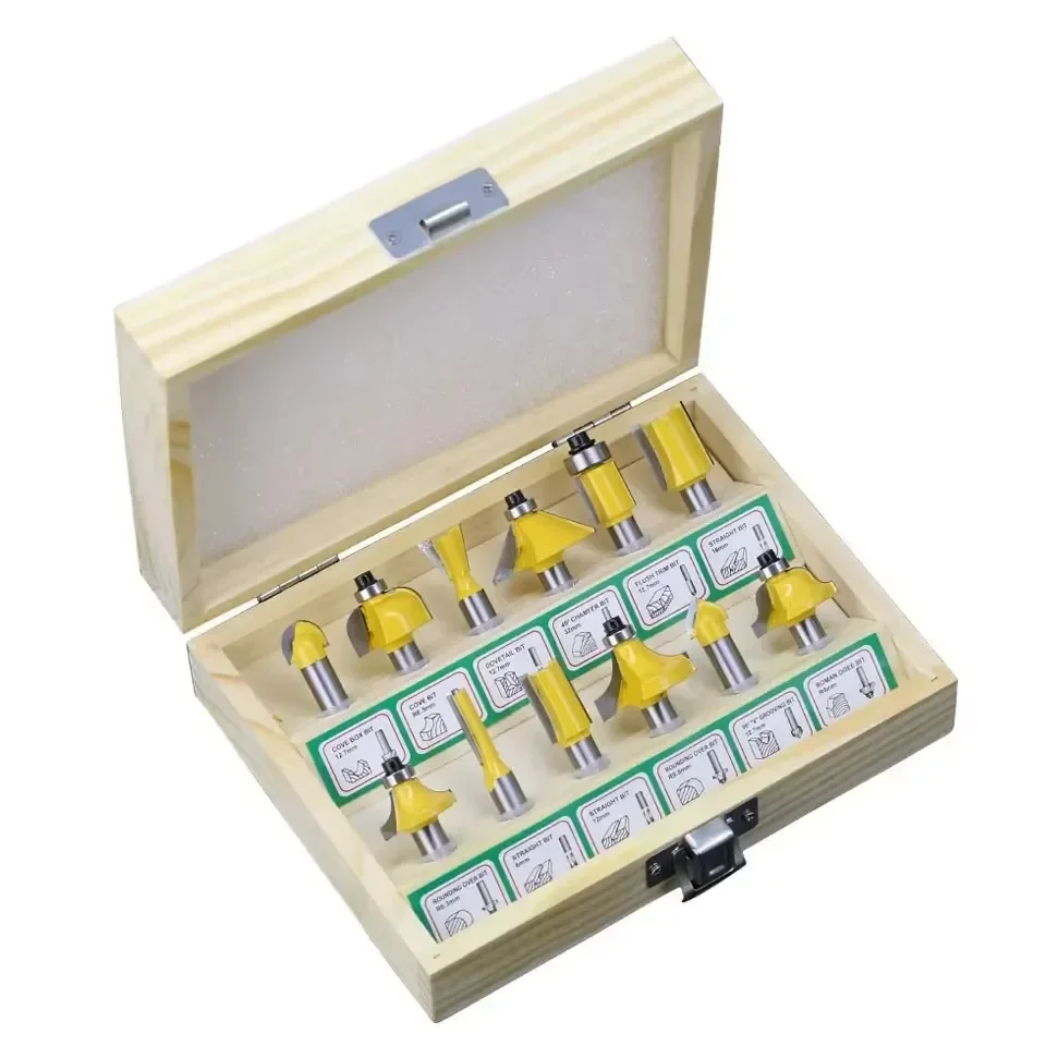 12PC/Set 8MM Shank Milling Cutter Wood Carving Router Bit Set 1/4 Wood Cutter Carbide Shank Mill Woodworking Trimming Tools Set