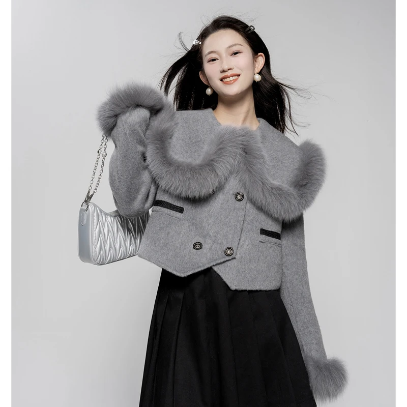 Real Fur Coat Autumn Winter Jacket Women Natural Fox Fur Collar Cuffs Short Cashmere Wool Woolen Ladies Outerwear Female Coat