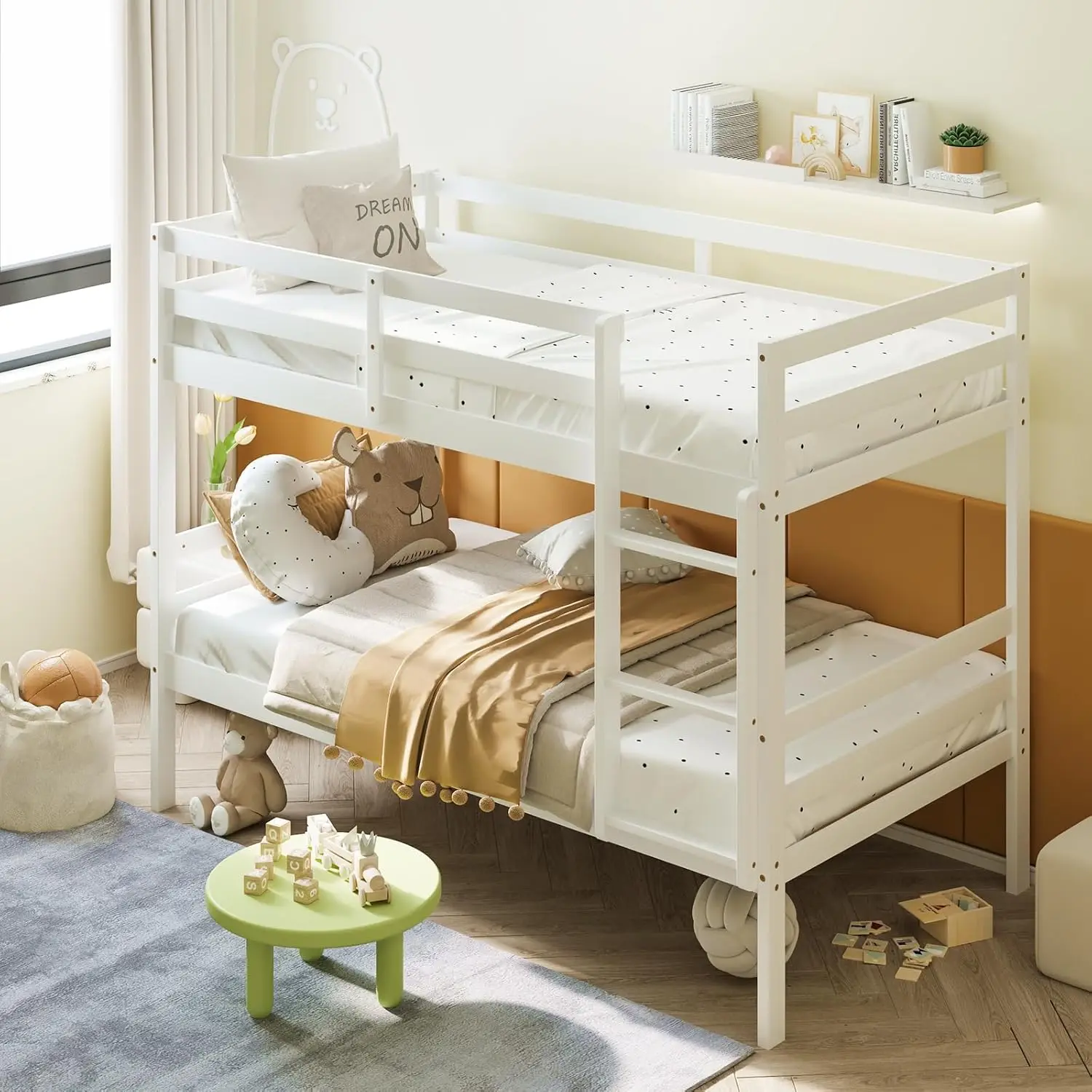 

Giantex Bunk Bed Twin Over Twin White, Solid Wood Bunk Bed With Sturdy Ladder & 12 Inch Safety Guard Rails, Twin Size Wood Bed