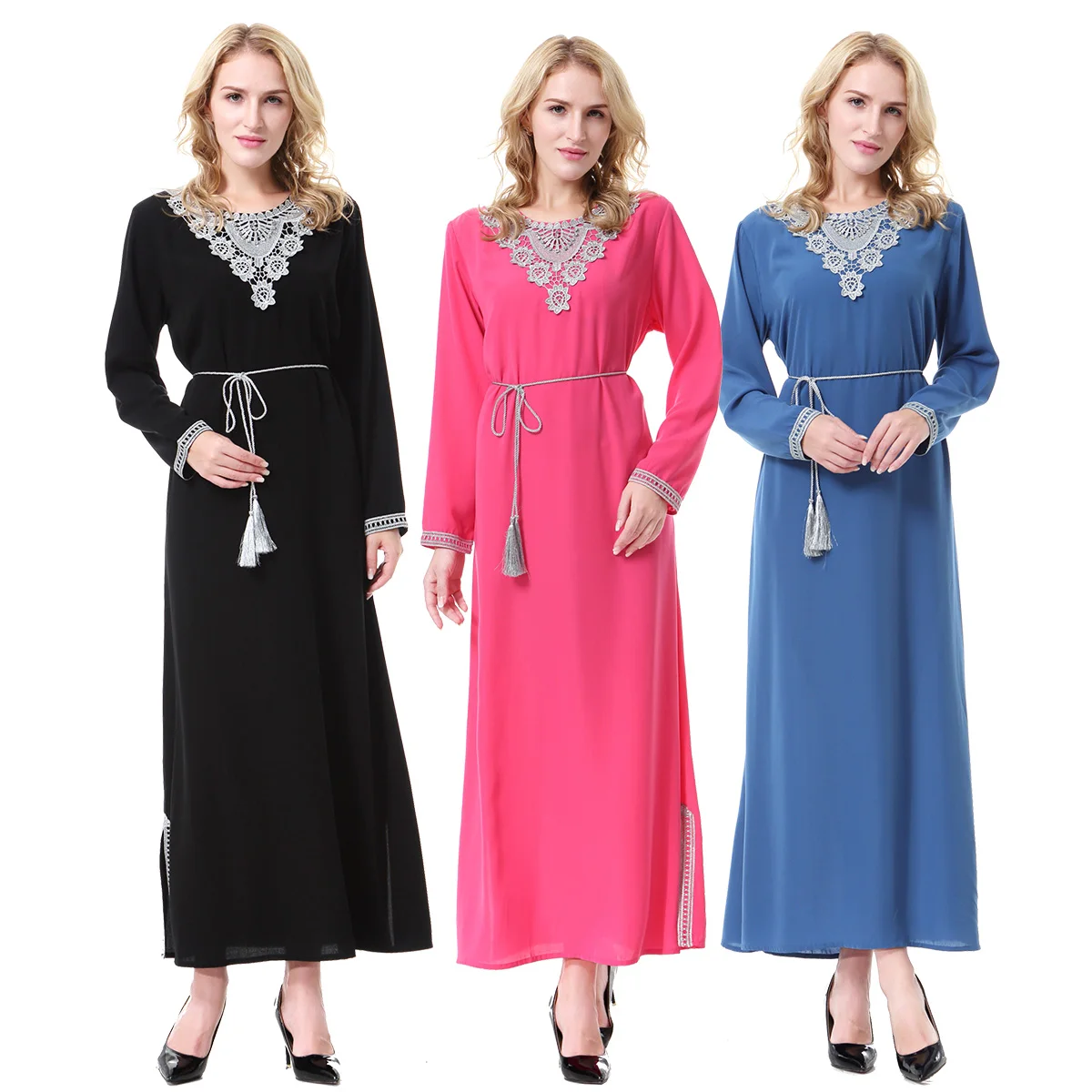 

S-3XL Muslim Lady Long Sleeves Round Neck Appliqued Belt Abaya Arab Women Solid Color Traditional Ankle Length Robe Maxi Dress