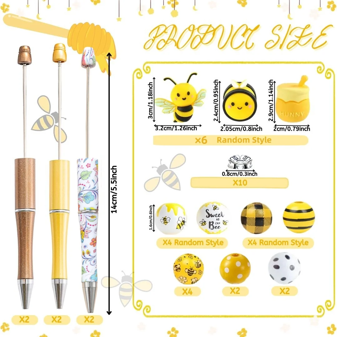6PCS Spring And Summer Bee Honey Pot Themed DIY Bead Ballpoint Pen And 3D Silicone Bead Wood Bead Set , Office &School Supply