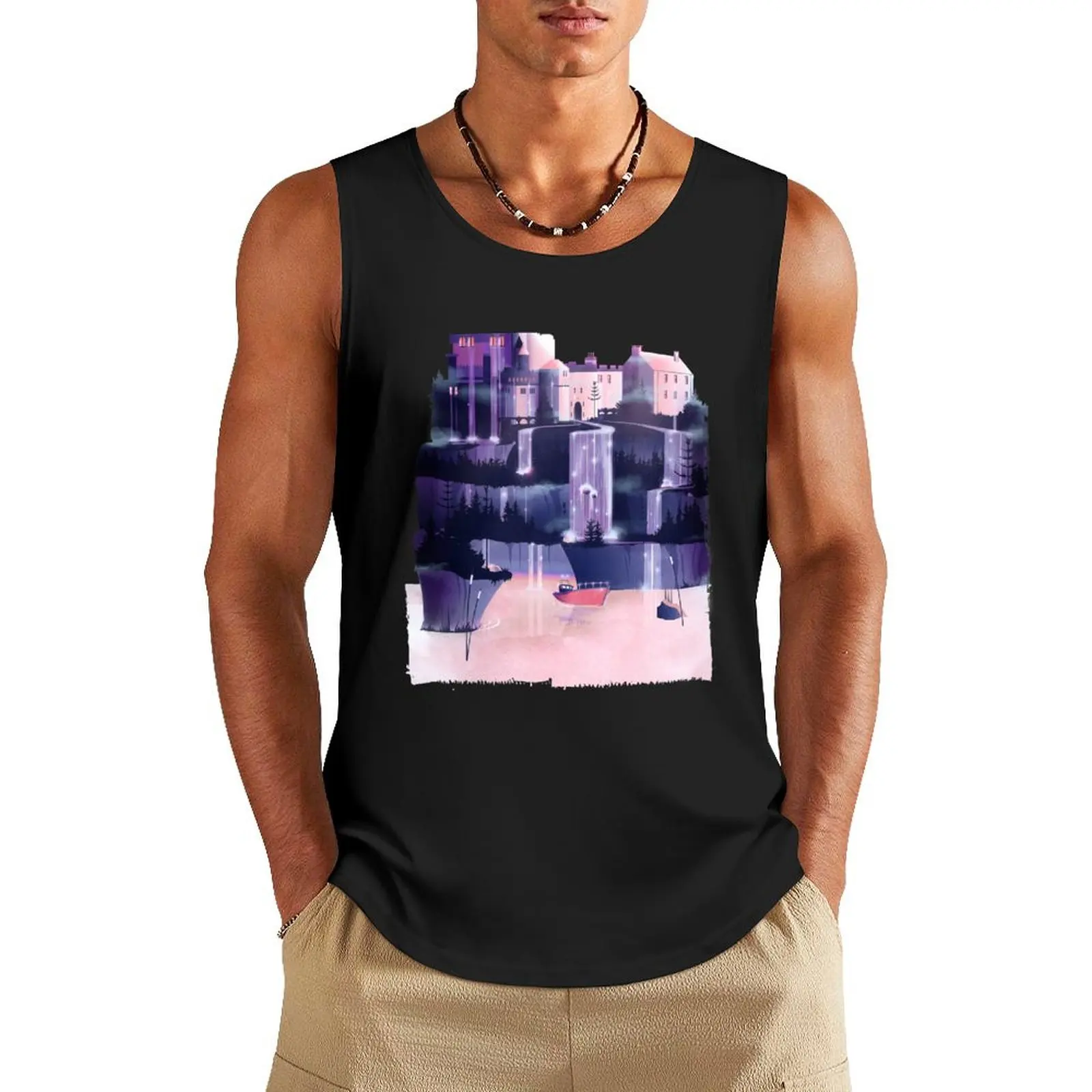 Waterfall Castle Tank Top bodybuilding gym shirt men