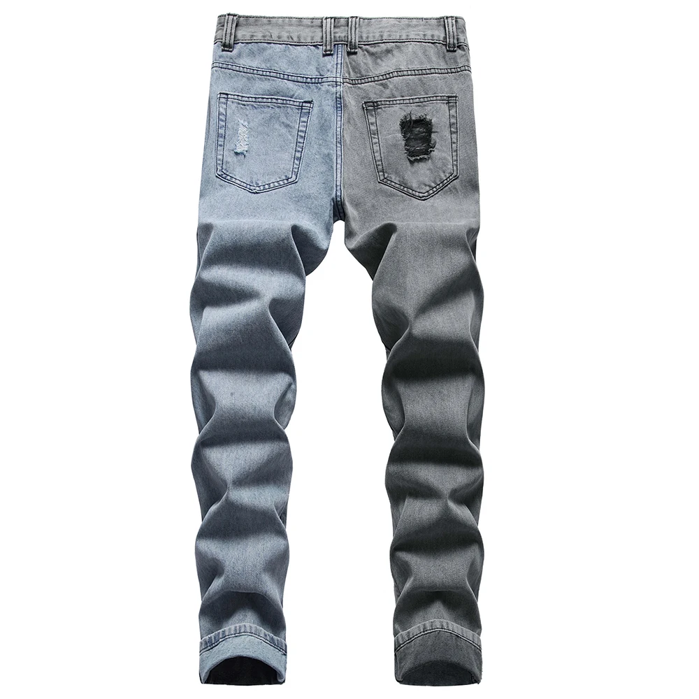 Men's Ripped Denim Jeans Streetwear Two-Tone Distressed Patchwork Pants Gray Blue Non Stretch Cotton Slim Straight Trousers