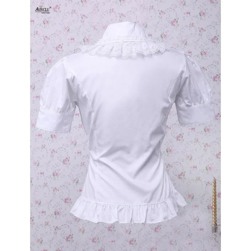 Ainclu Algodão Branco Babado Renda Renderização e Desgaste Exterior Blusa Lolita de Mangas Curtas Plus Size