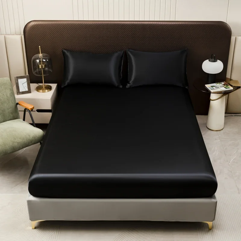 

3Pcs Black Satin Fitted Sheet Solid Colour Twin Full Queen King Ice Silk Mattress Cover With Elastic Band Bed Sheet Pillowcases